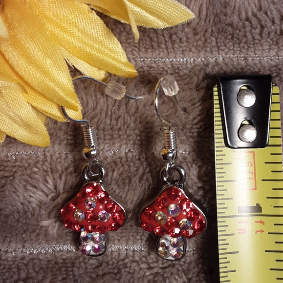 Handmade Rhinestone Mushroom Earrings Red Fairycore - Picture 3 of 3